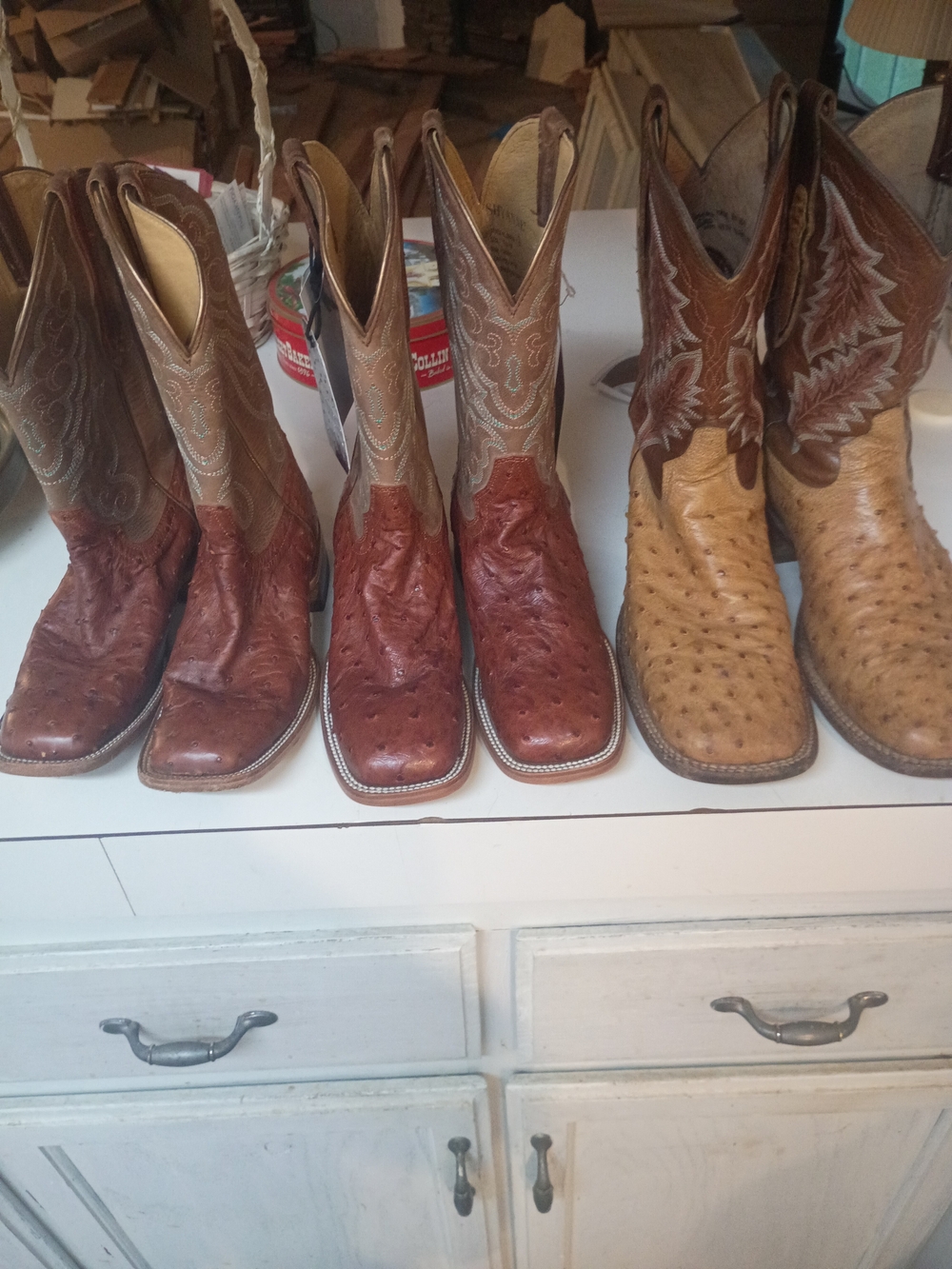Two Identical Pair Genuine Ostrich Skin Ladies Never Worn Slip On Western Boots.